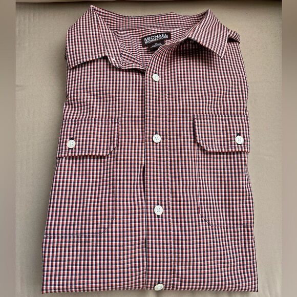 Michael Kors Men’s Red Navy Check Plaid Cotton Button Shirt XL NWT Classic - Picture 2 of 7